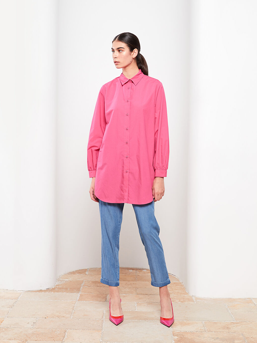 Fuşya Düz Poplin Kadın Gömlek Tunik-2