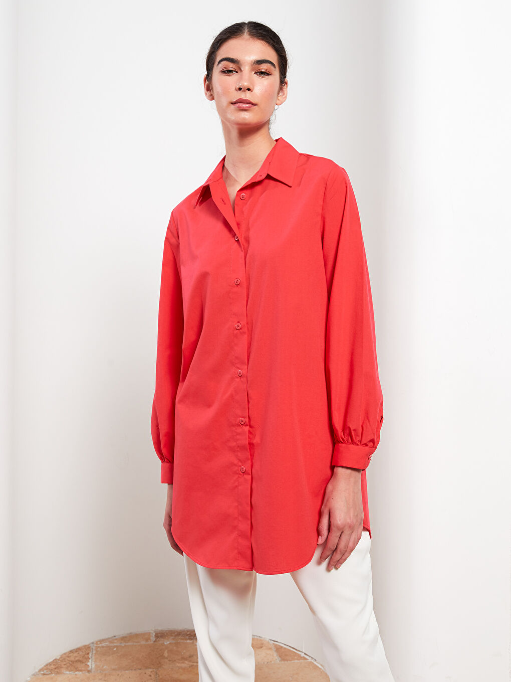 Kırmızı Düz Poplin Kadın Gömlek Tunik