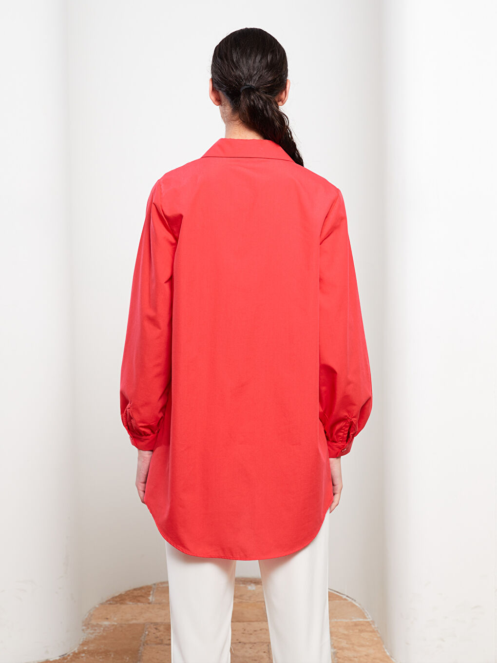 Kırmızı Düz Poplin Kadın Gömlek Tunik-4