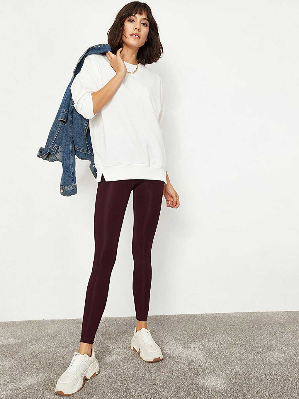 Mor Beli Lastikli Düz Parlak Görünümlü Toparlayıcı Kadın Tayt