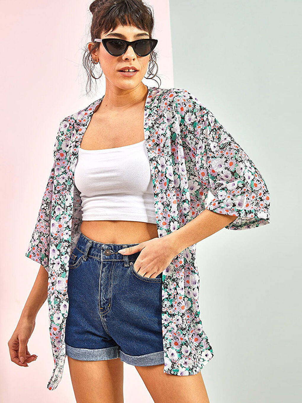 Lila Şal Yaka Çiçekli Kadın Kimono-1