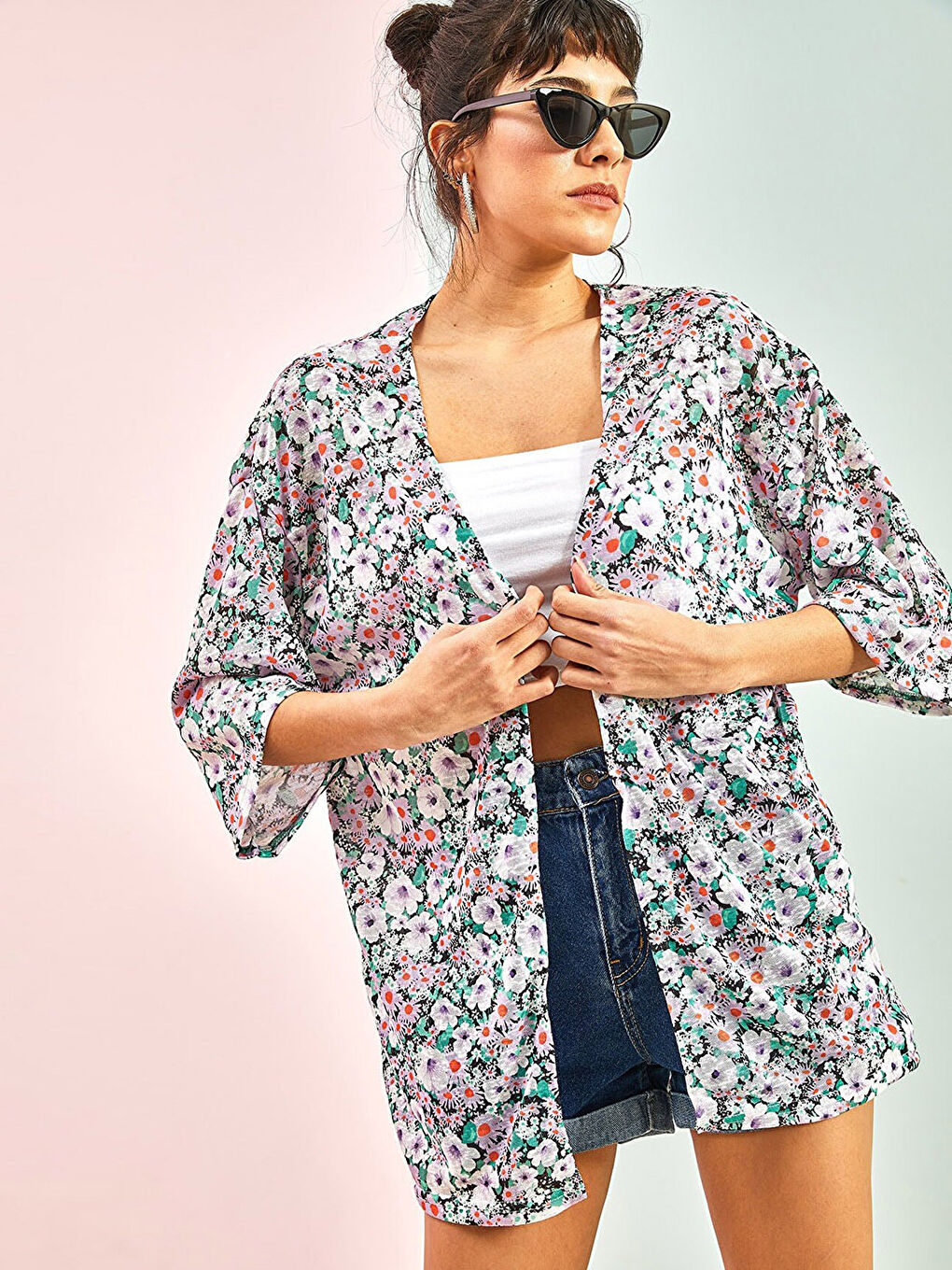 Lila Şal Yaka Çiçekli Kadın Kimono-2