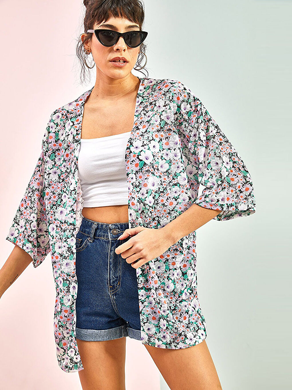 Lila Şal Yaka Çiçekli Kadın Kimono-3