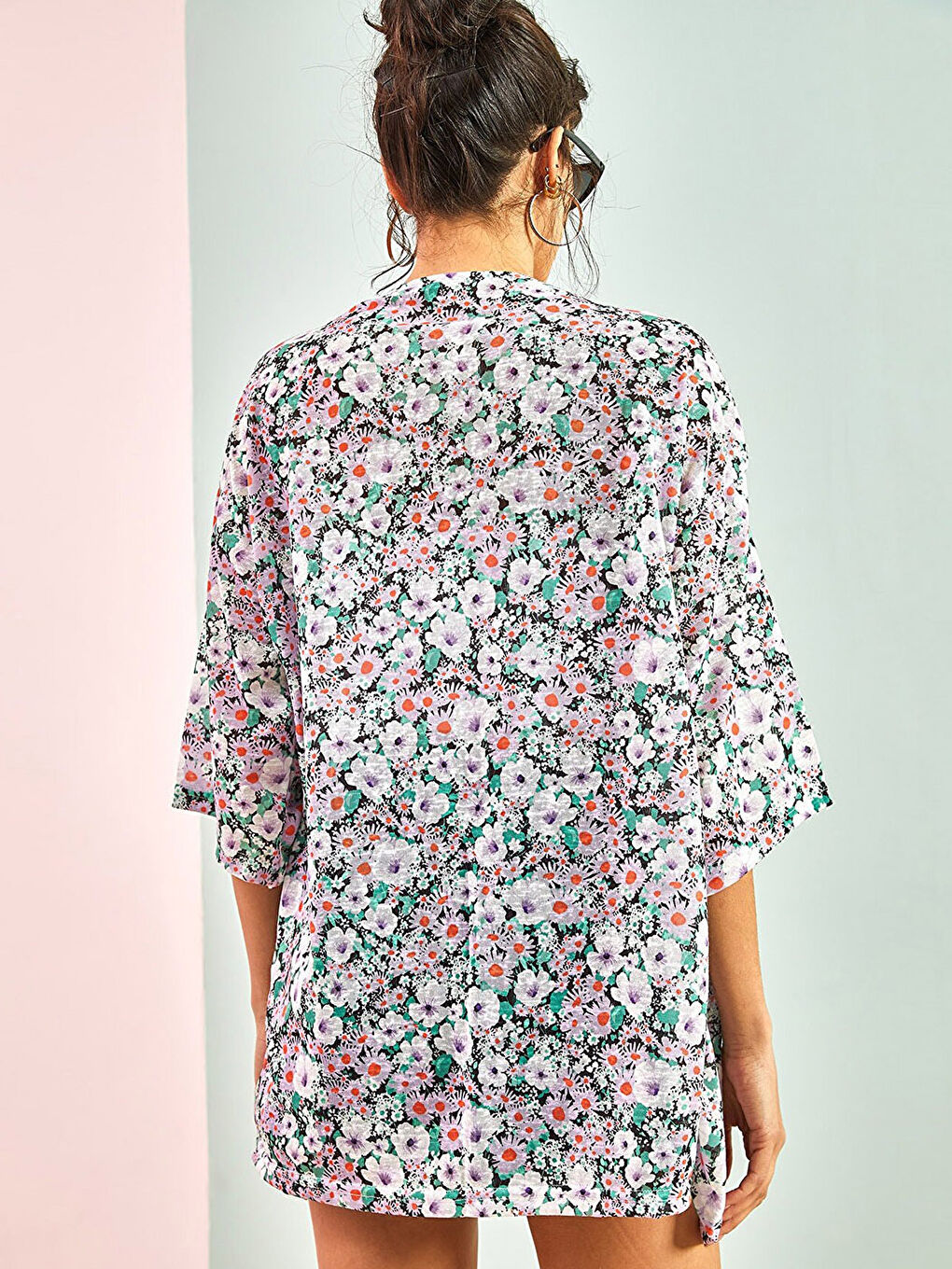 Lila Şal Yaka Çiçekli Kadın Kimono-4