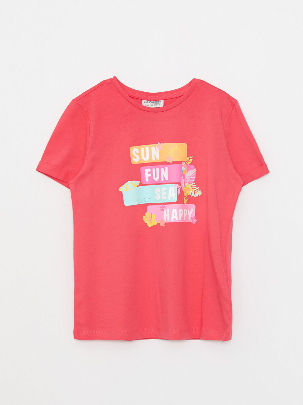 Kırmızı Bisiklet Yaka Baskılı Kısa Kollu Pamuklu Kız Çocuk Tişört