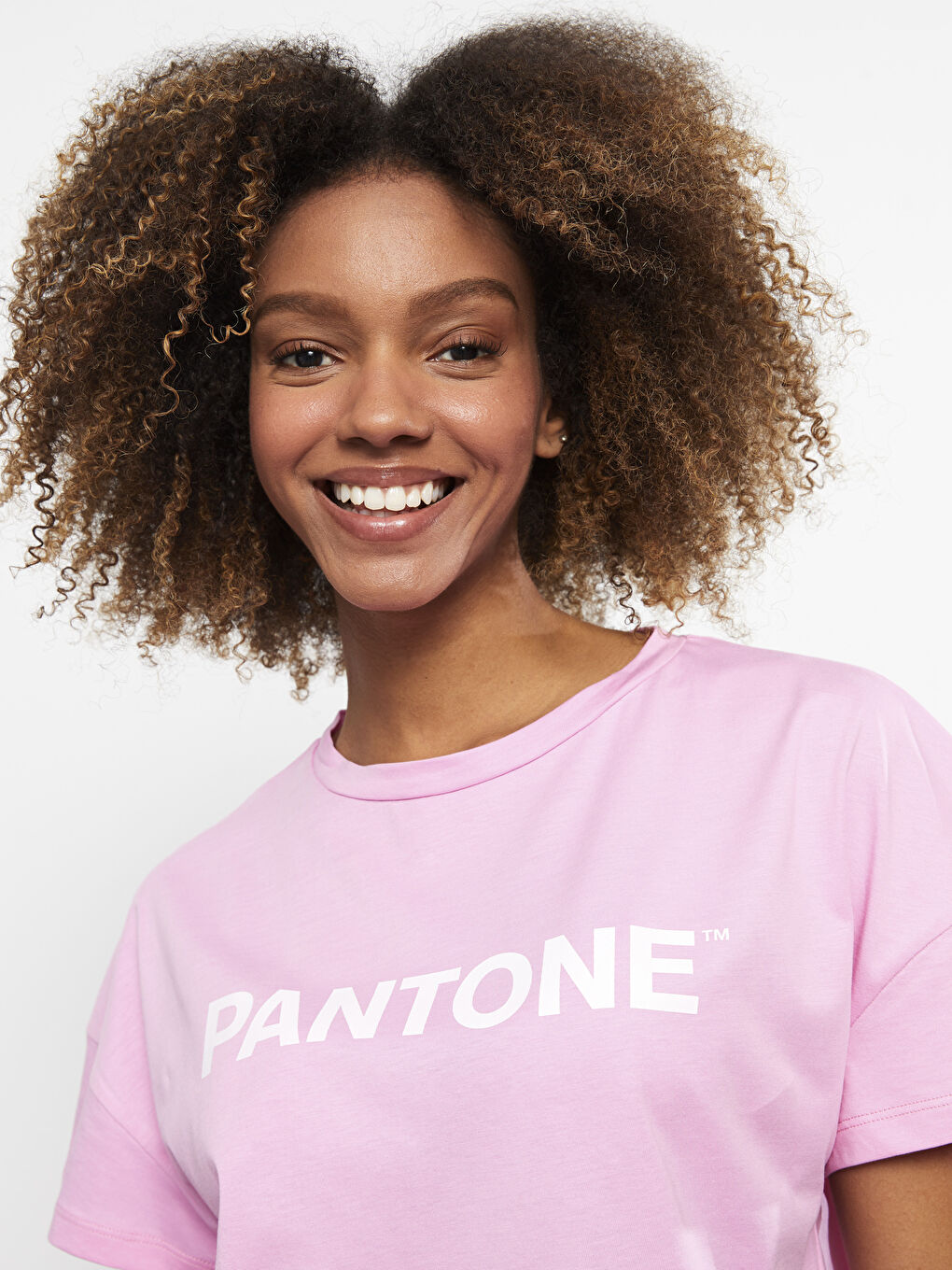 Pantone Pembe Bisiklet Yaka Baskılı Kısa Kollu Pamuklu Kadın Tişört - 1