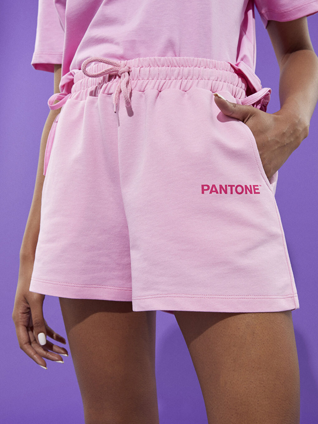 Pantone Pembe Beli Lastikli Baskılı Pamuklu Kadın Şort - 2