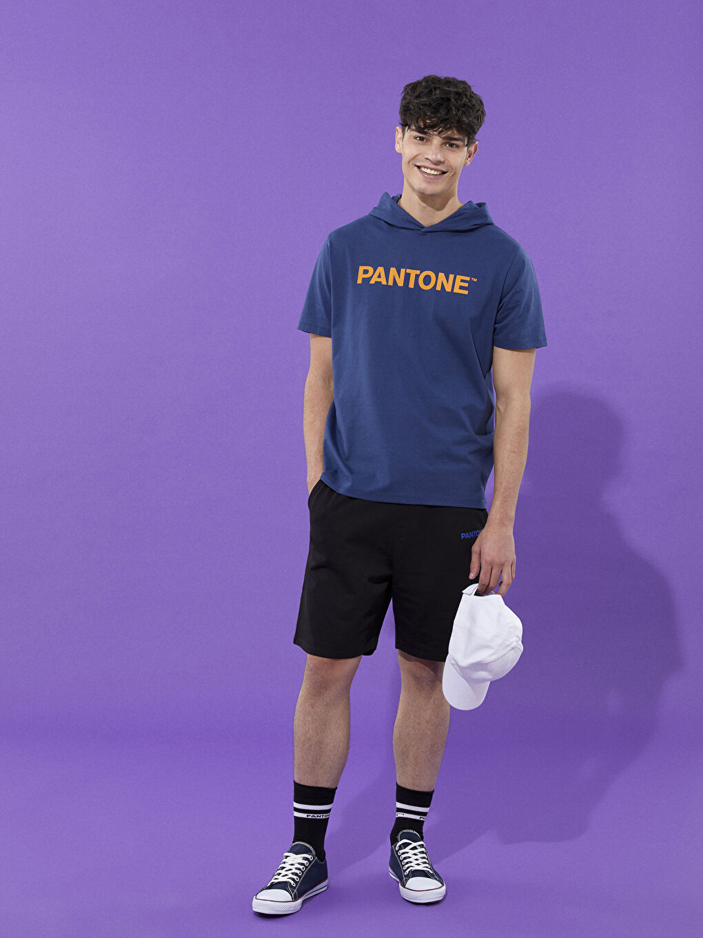 Lacivert Kapüşonlu Kısa Kollu Baskılı Erkek Tişört-2