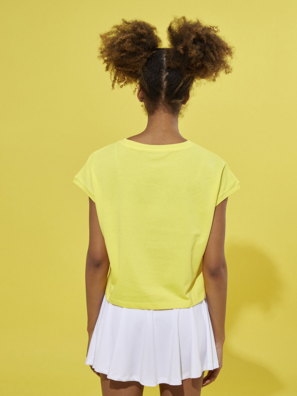 Sarı Bisiklet Yaka Baskılı Kısa Kollu Pamuklu Kadın Tişört-5