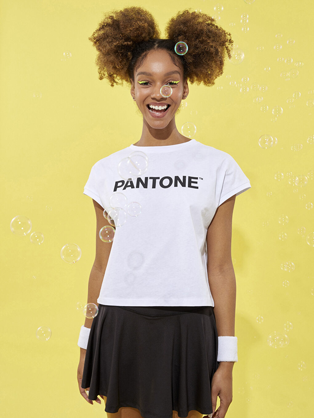 Beyaz Bisiklet Yaka Baskılı Kısa Kollu Pamuklu Kadın Tişört-2