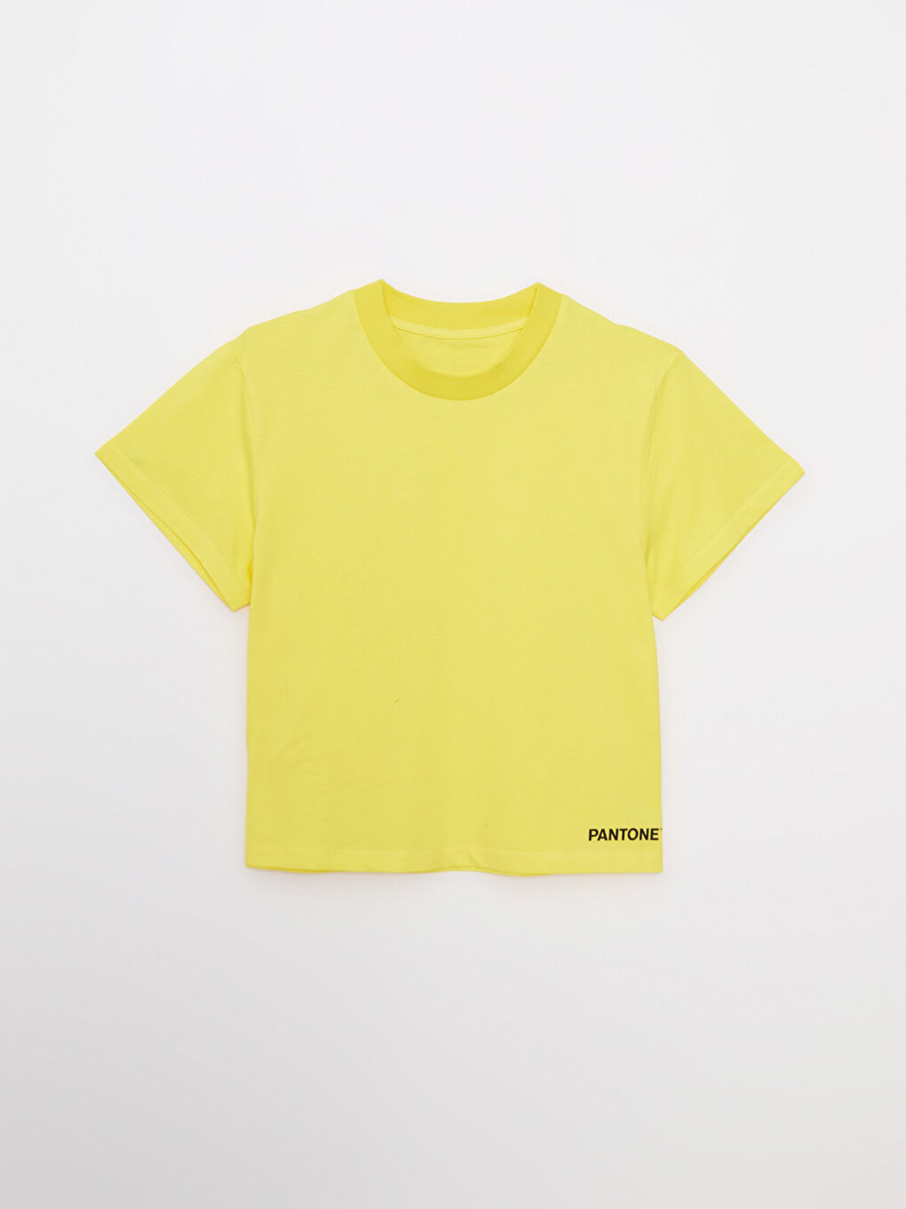 Sarı Bisiklet Yaka Baskılı Kısa Kollu Oversize Pamuklu Kadın Tişört-5