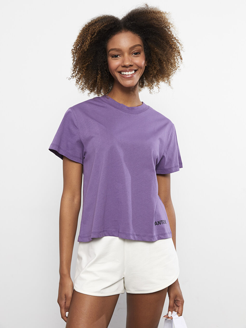 Mor Bisiklet Yaka Baskılı Kısa Kollu Oversize Pamuklu Kadın Tişört