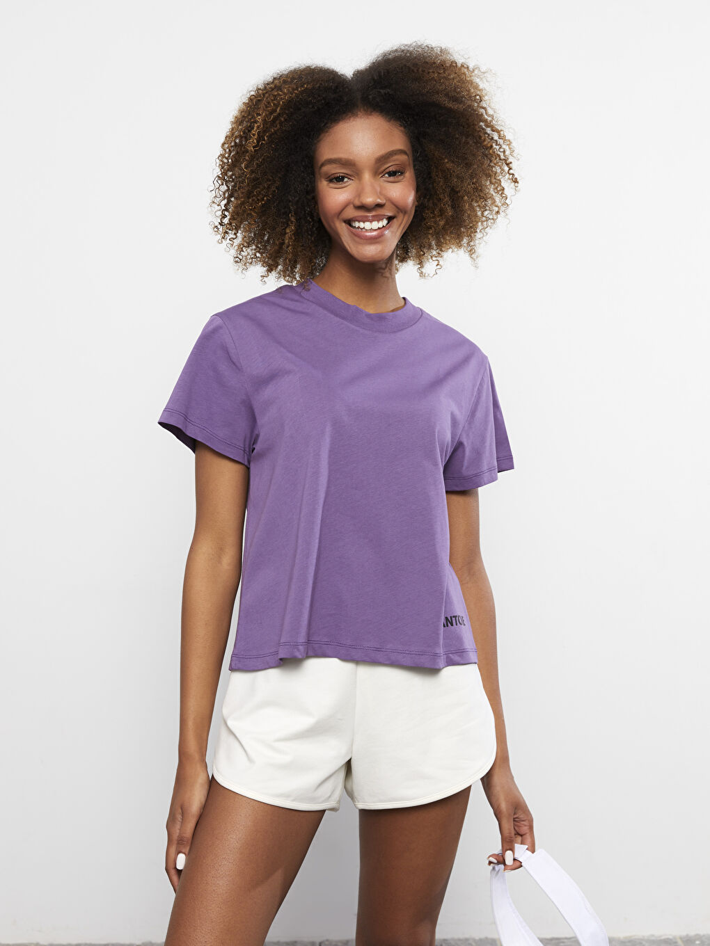 Mor Bisiklet Yaka Baskılı Kısa Kollu Oversize Pamuklu Kadın Tişört-1