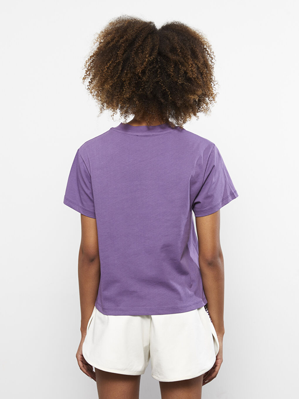 Mor Bisiklet Yaka Baskılı Kısa Kollu Oversize Pamuklu Kadın Tişört-4