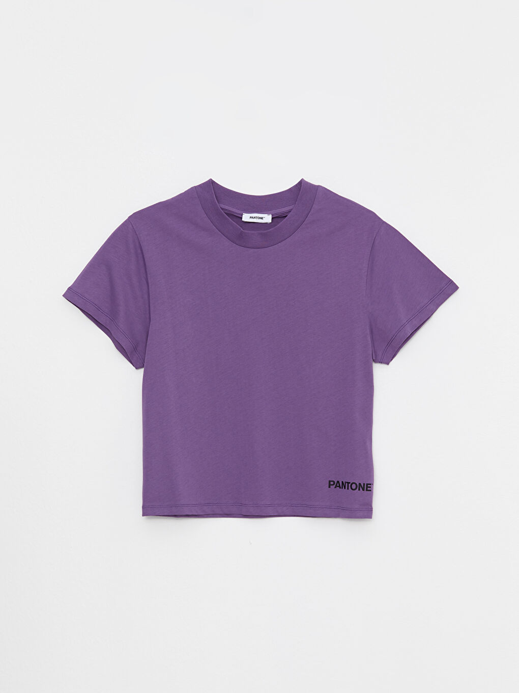 Mor Bisiklet Yaka Baskılı Kısa Kollu Oversize Pamuklu Kadın Tişört-5