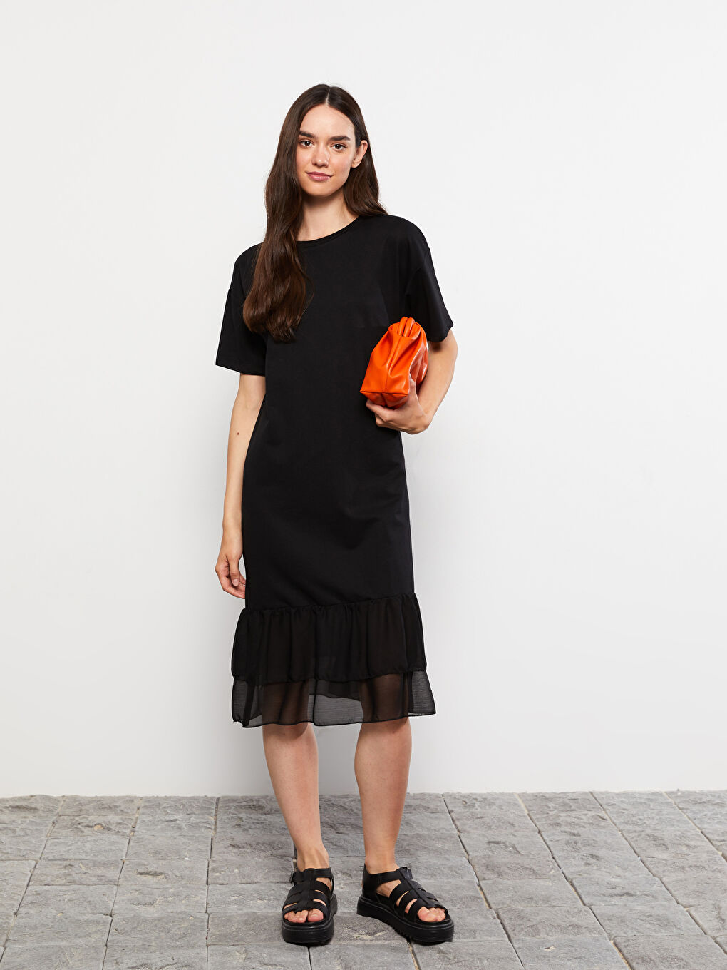 Robe Femme à Col Rond Unie à Manches Courtes-1