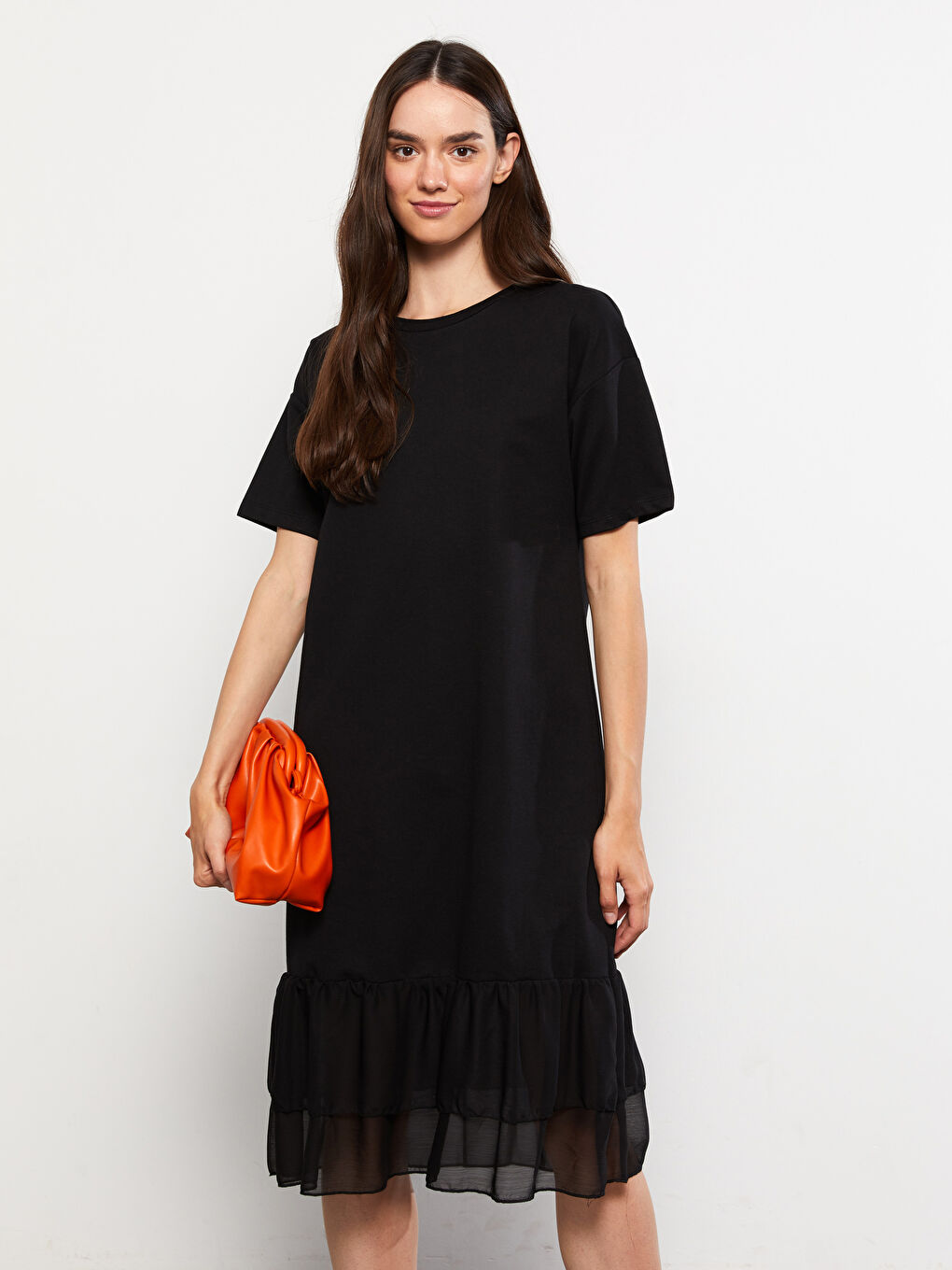 Robe Femme à Col Rond Unie à Manches Courtes-2