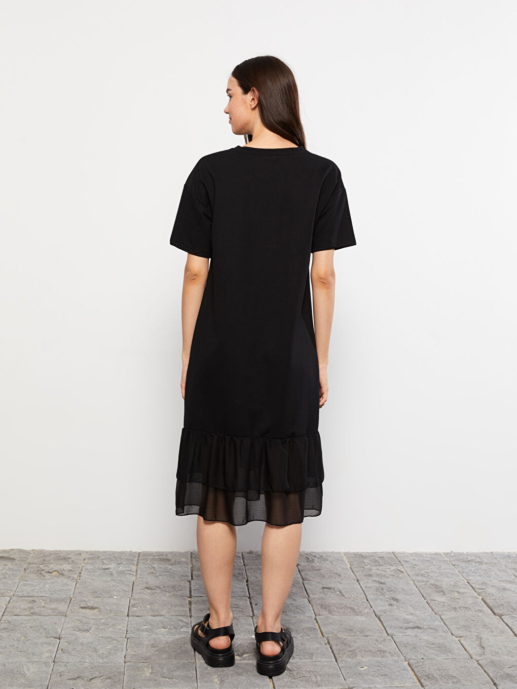 Robe Femme à Col Rond Unie à Manches Courtes-4