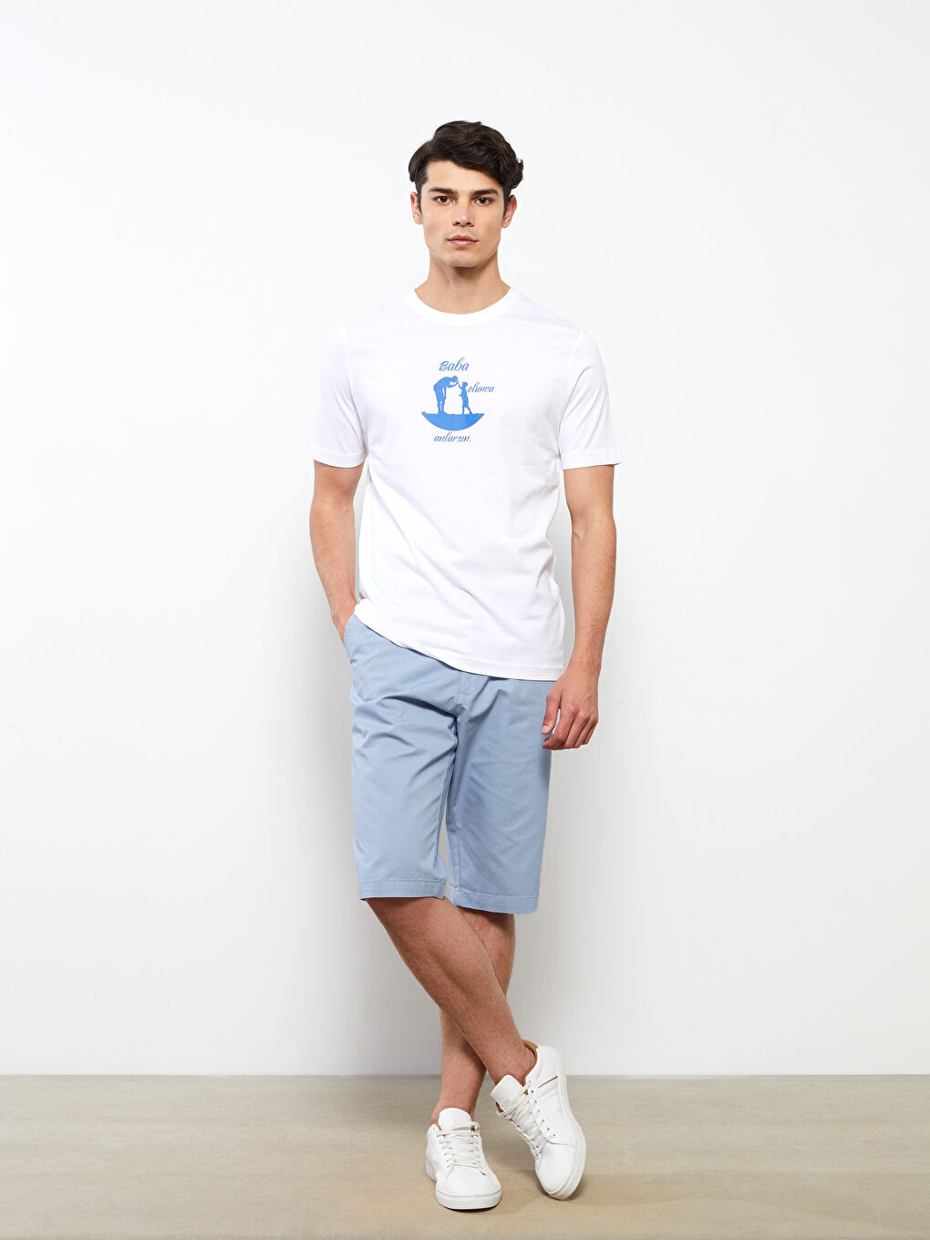 Beyaz Bisiklet Yaka Kısa Kollu Baskılı Penye Erkek Tişört-2