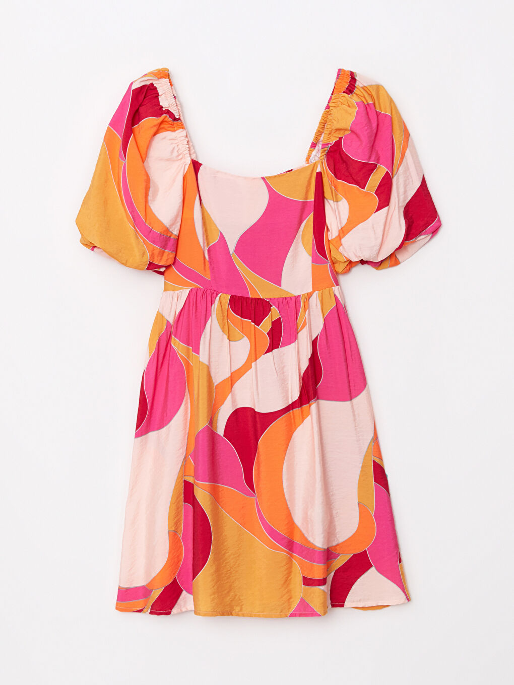 Pembe Kare Yaka Desenli Balon Kollu Poplin Elbise-5