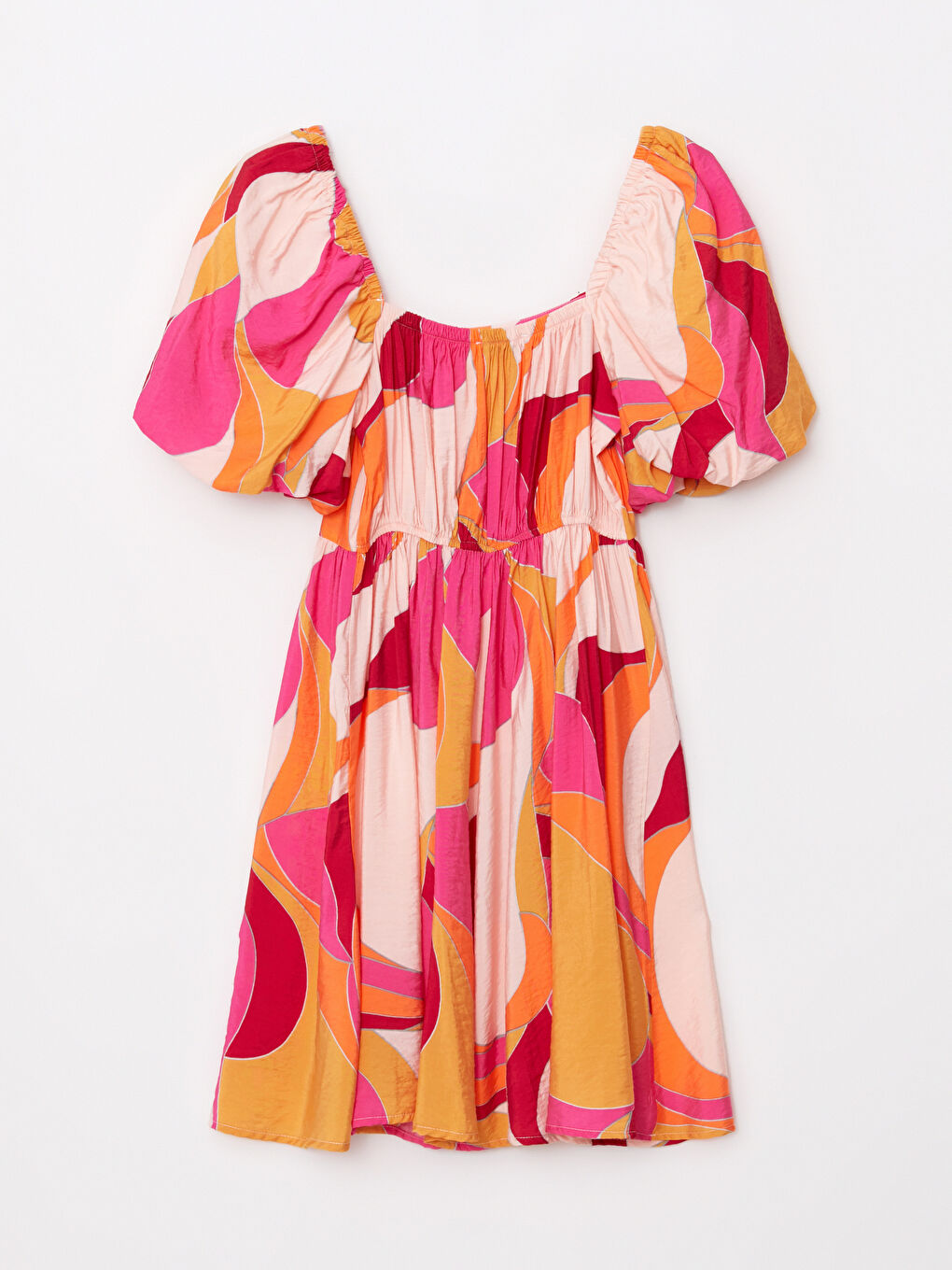 Pembe Kare Yaka Desenli Balon Kollu Poplin Elbise-6