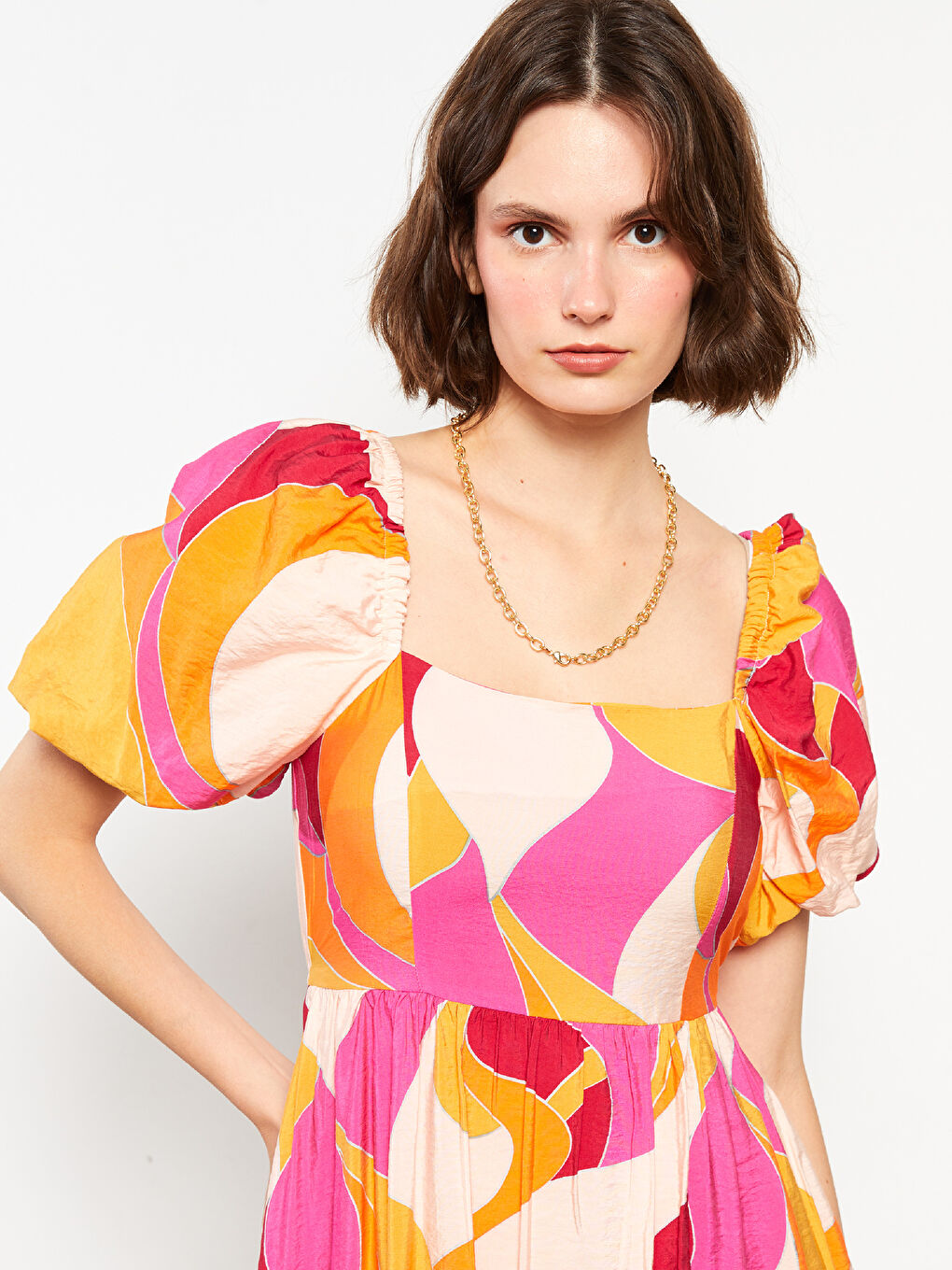 Pembe Kare Yaka Desenli Balon Kollu Poplin Elbise-2