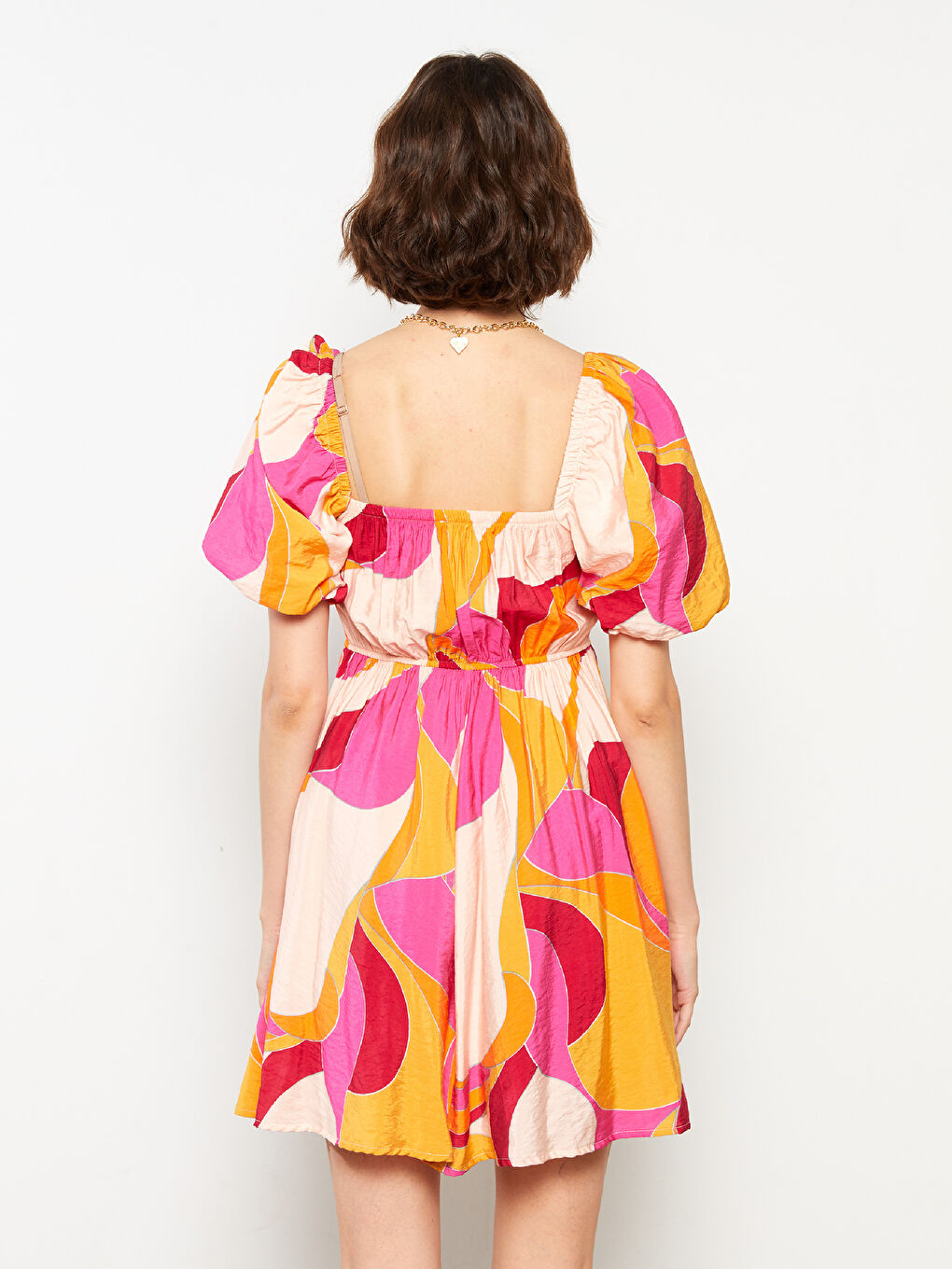 Pembe Kare Yaka Desenli Balon Kollu Poplin Elbise-4