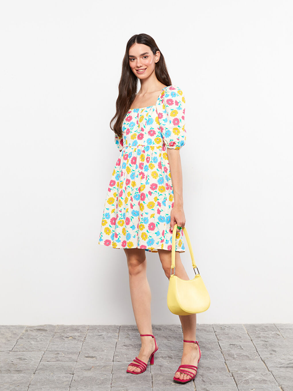 Square Neck Floral Balloon Sleeve Poplin Women's Dress -S2MM40Z8-LRA