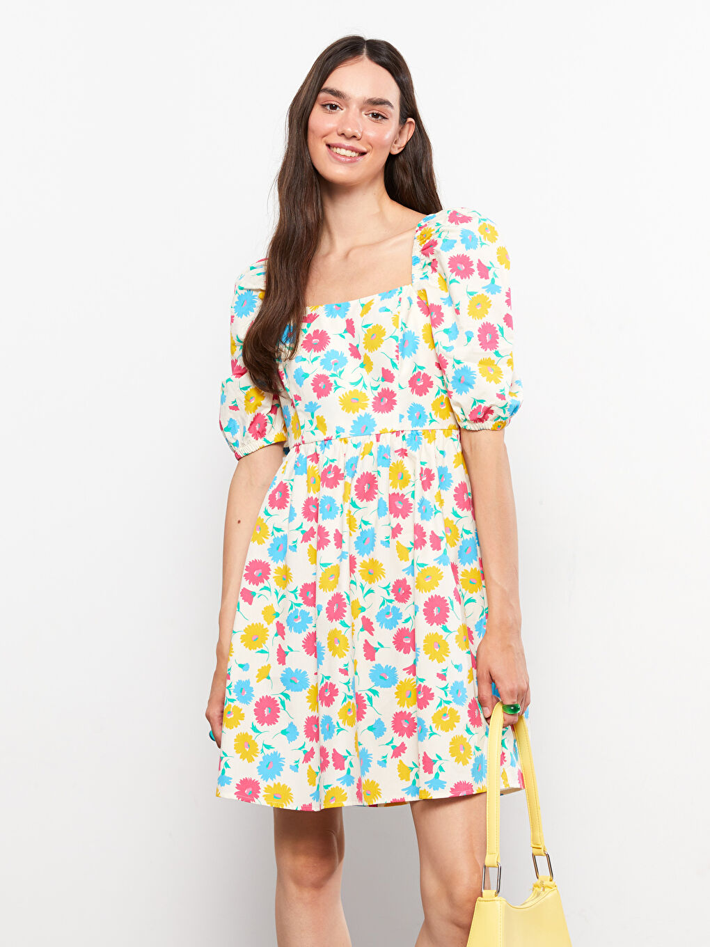 Square Neck Floral Balloon Sleeve Poplin Women's Dress -S2MM40Z8-LRA