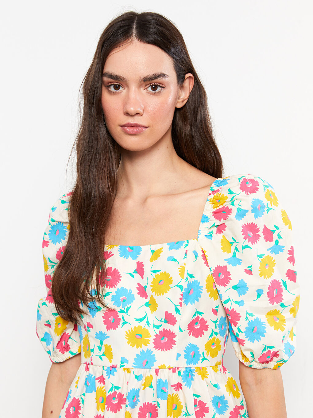 Square Neck Floral Balloon Sleeve Poplin Women's Dress -S2MM40Z8-LRA