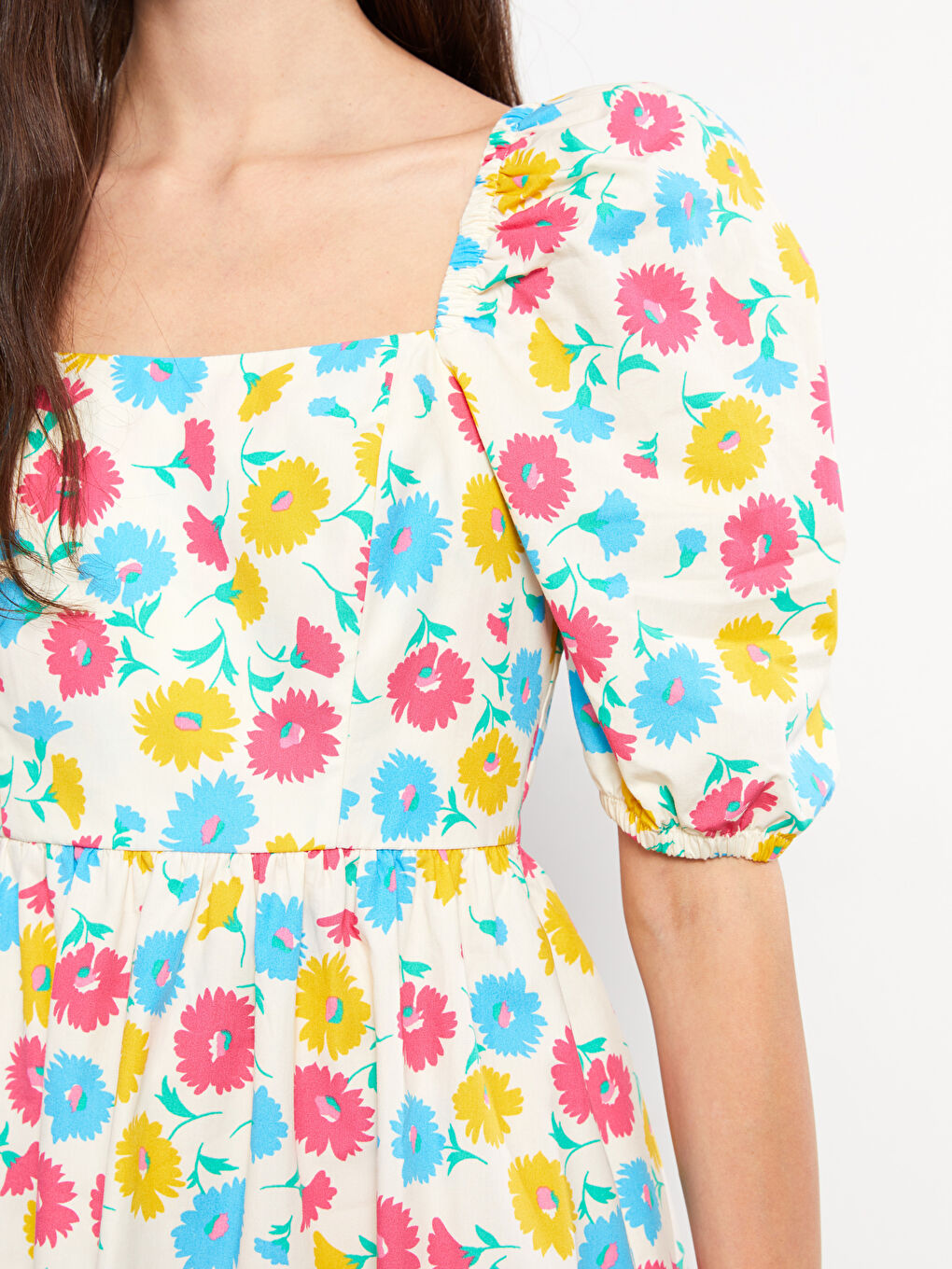 Square Neck Floral Balloon Sleeve Poplin Women's Dress -S2MM40Z8-LRA