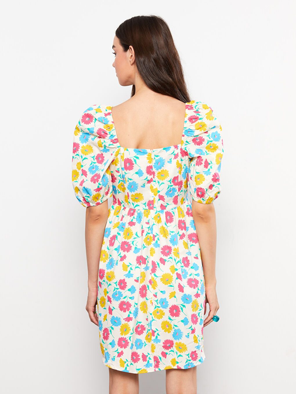 Square Neck Floral Balloon Sleeve Poplin Women's Dress -S2MM40Z8-LRA