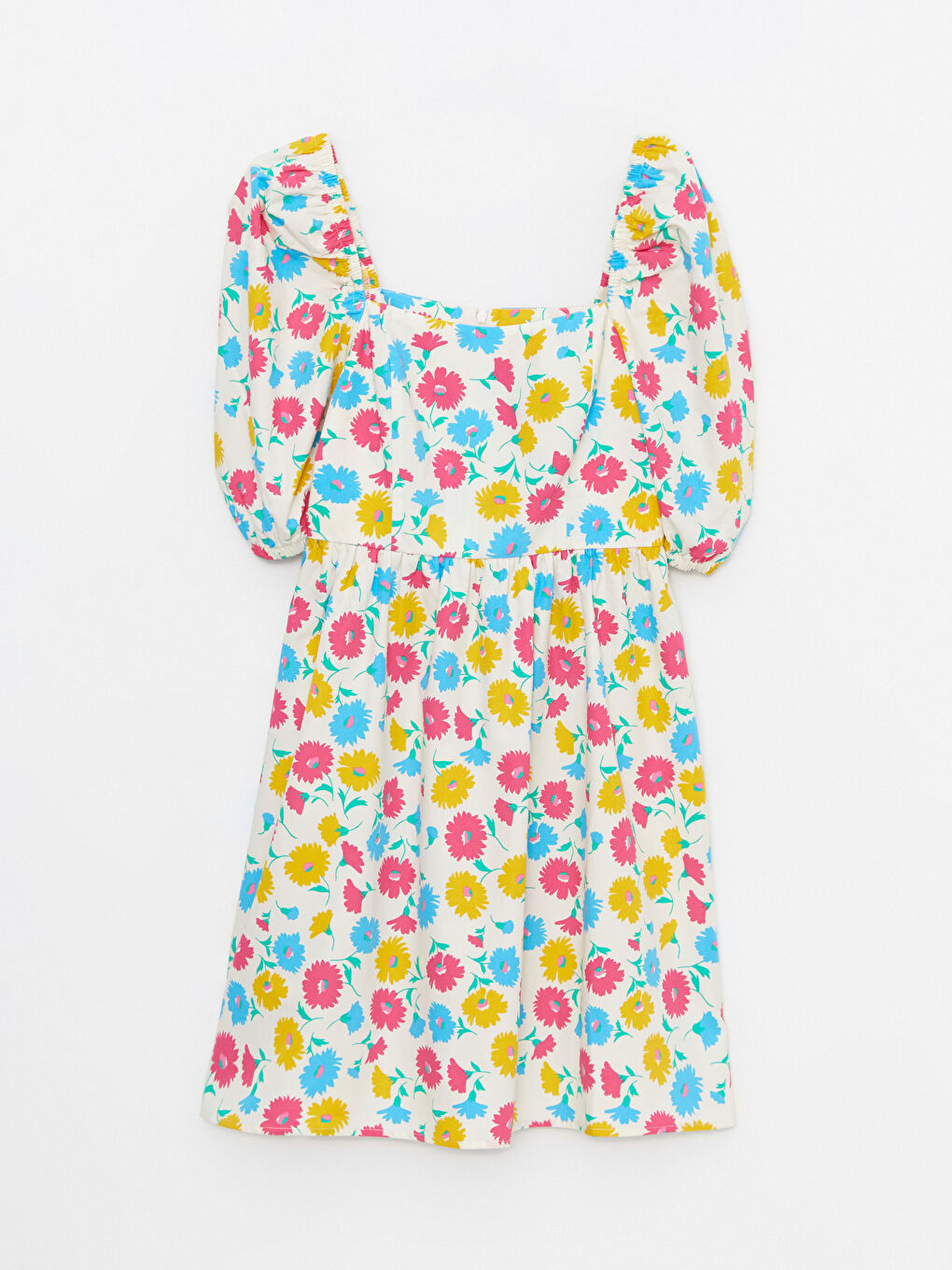 Square Neck Floral Balloon Sleeve Poplin Women's Dress -S2MM40Z8-LRA