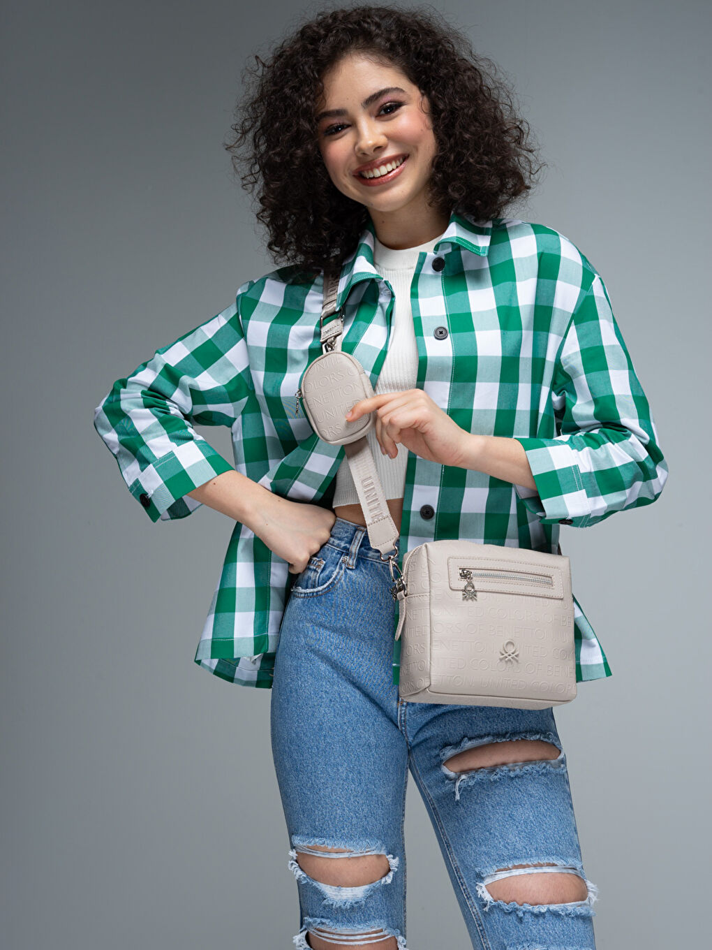 Bej Baskılı Bozuk Para Cüzdanlı Kadın Çapraz Çanta-1