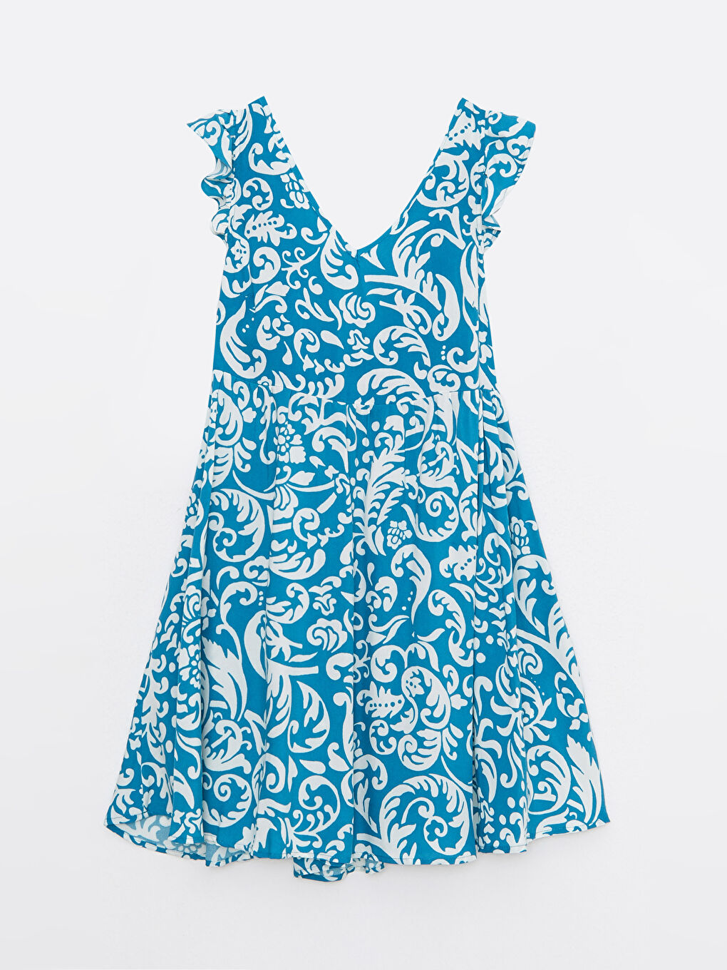 Mavi V Yaka Desenli Kolsuz Viskon Kadın Elbise-5