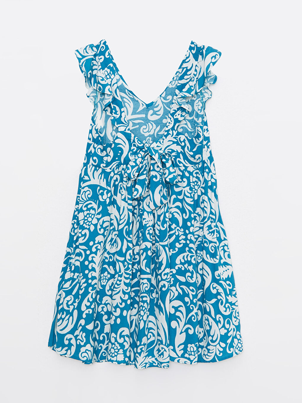 Mavi V Yaka Desenli Kolsuz Viskon Kadın Elbise-6