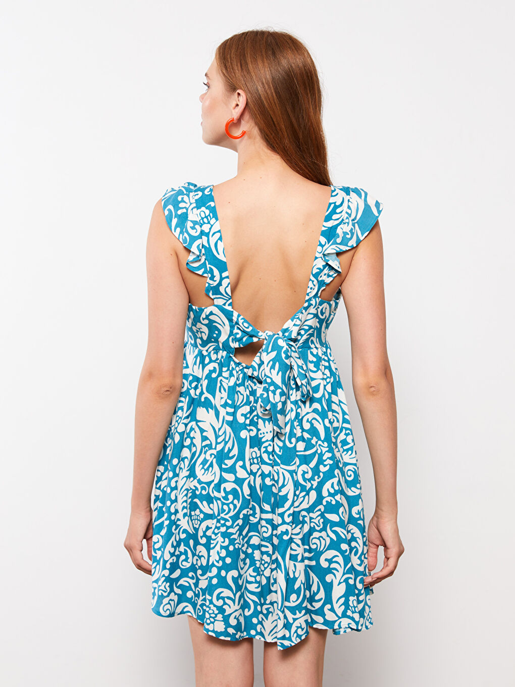 Mavi V Yaka Desenli Kolsuz Viskon Kadın Elbise-4