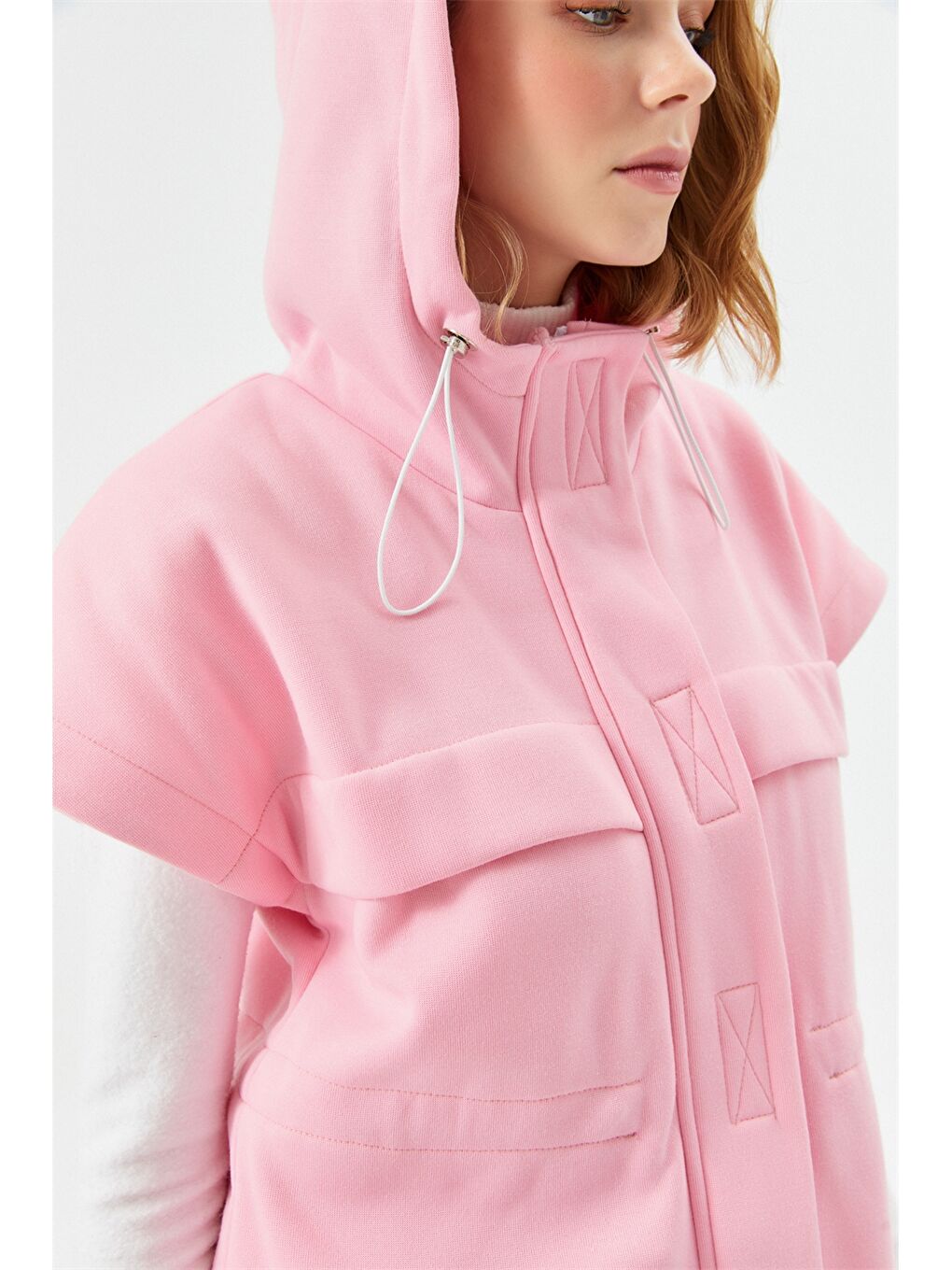 Pembe Kapüşonlu Düz Kısa Kollu Kadın Yelek-3