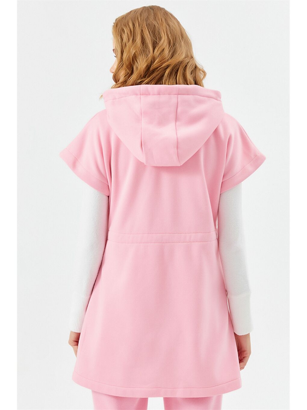 Pembe Kapüşonlu Düz Kısa Kollu Kadın Yelek-4