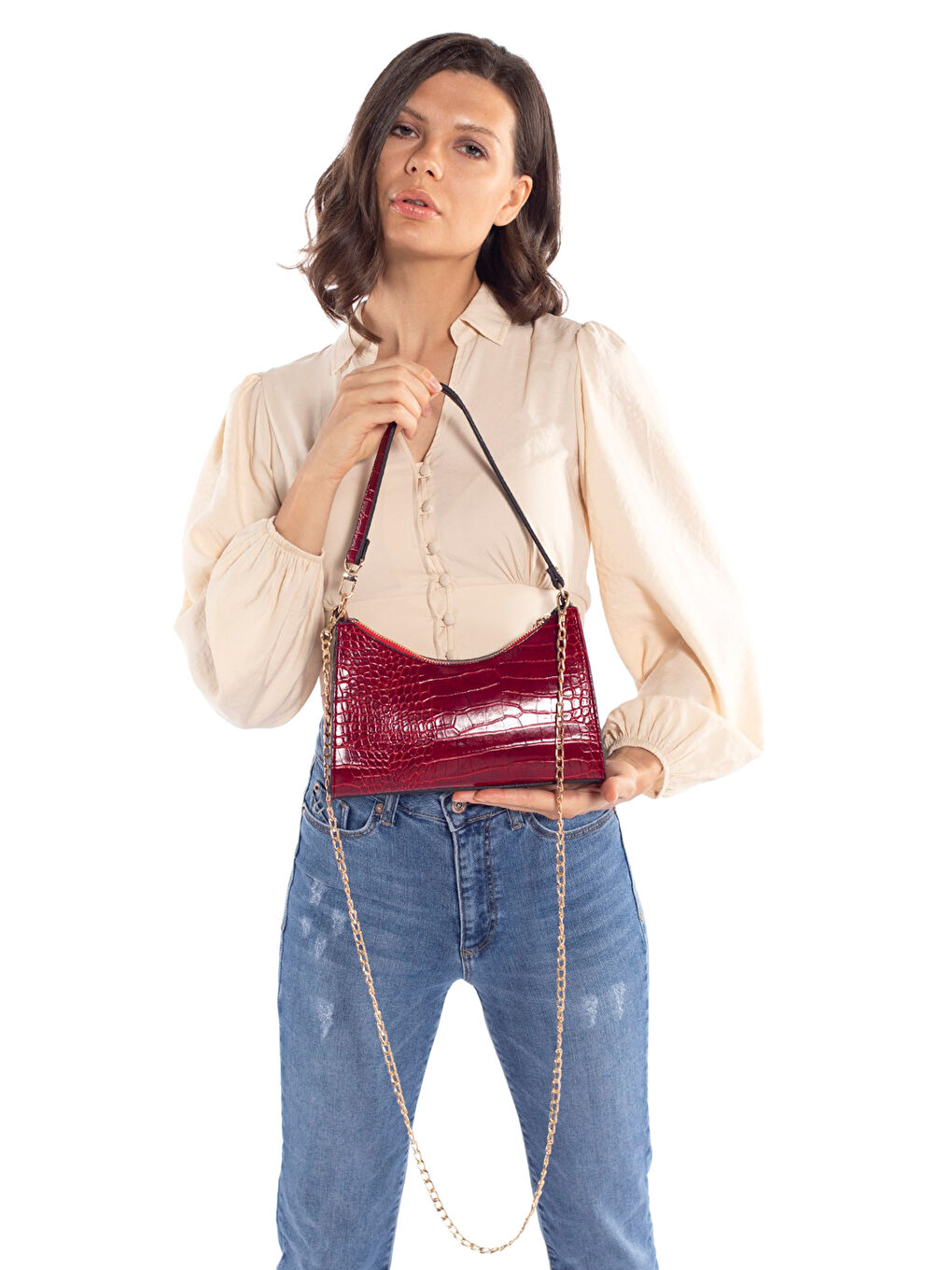 Bordo Baskılı Zincir Askılı Kadın Baget Çanta-1