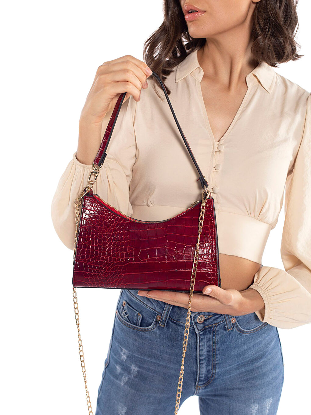 Bordo Baskılı Zincir Askılı Kadın Baget Çanta-2