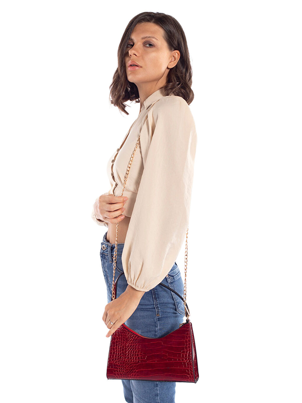 Bordo Baskılı Zincir Askılı Kadın Baget Çanta-4