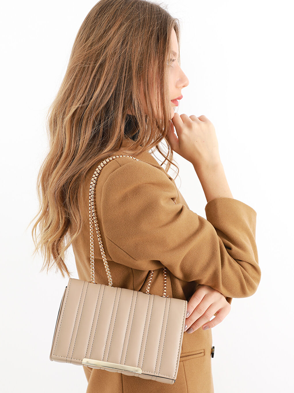 Bej Zincir Askılı Kadın Omuz Çantası-2