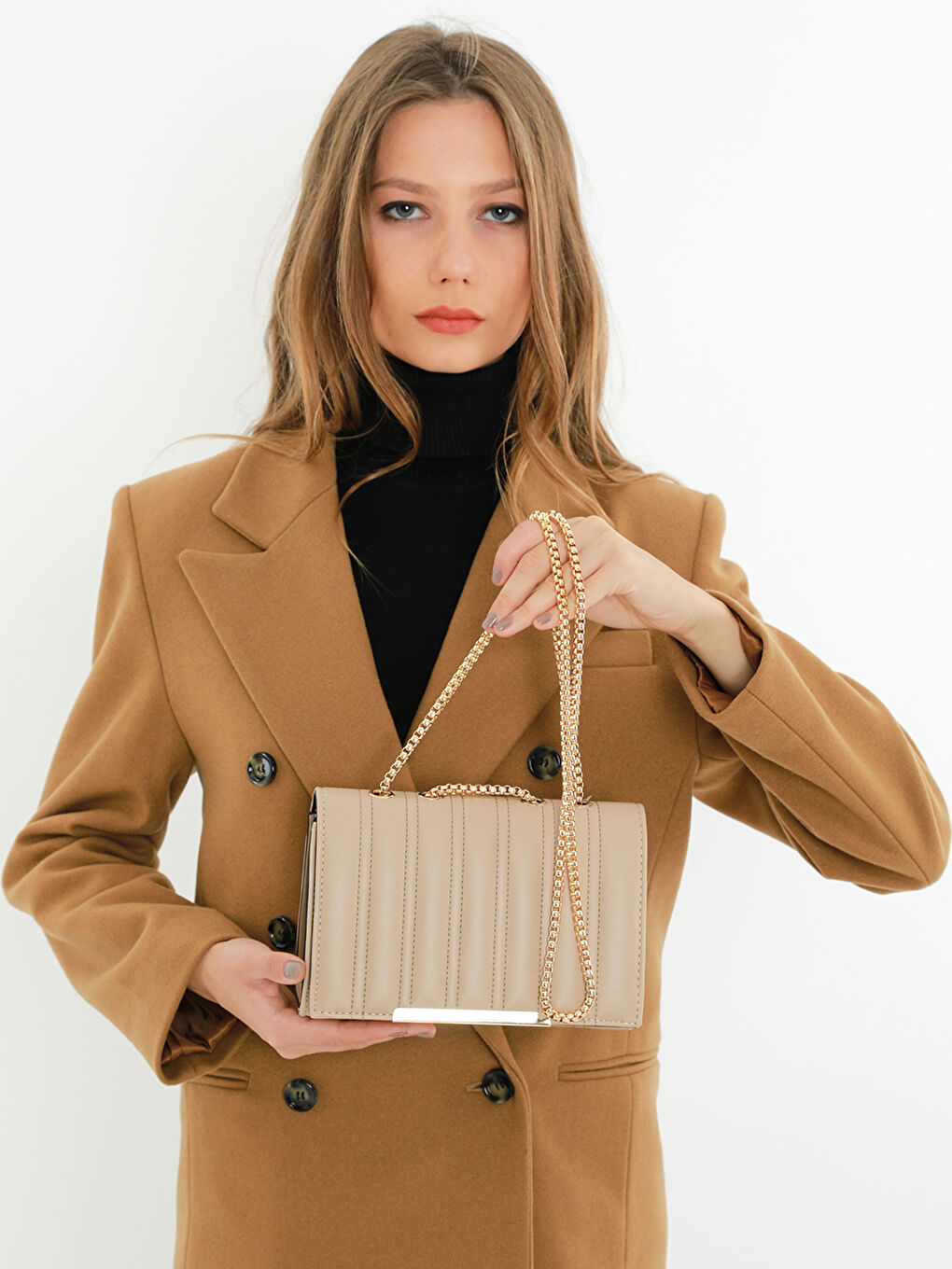 Bej Zincir Askılı Kadın Omuz Çantası-4