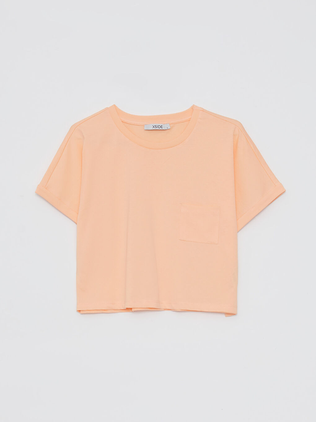 Mercan Bisiklet Yaka Düz Kısa Kollu Pamuklu Kadın Crop Tişört-4