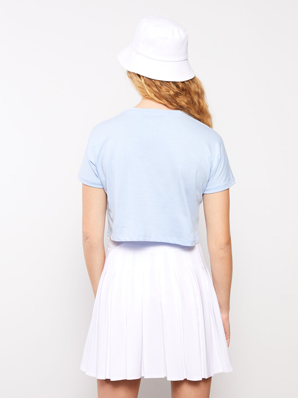 Футболка Женская Короткая Хлопковая С Круглым Вырезом Однотонная С Коротким Рукавом-5