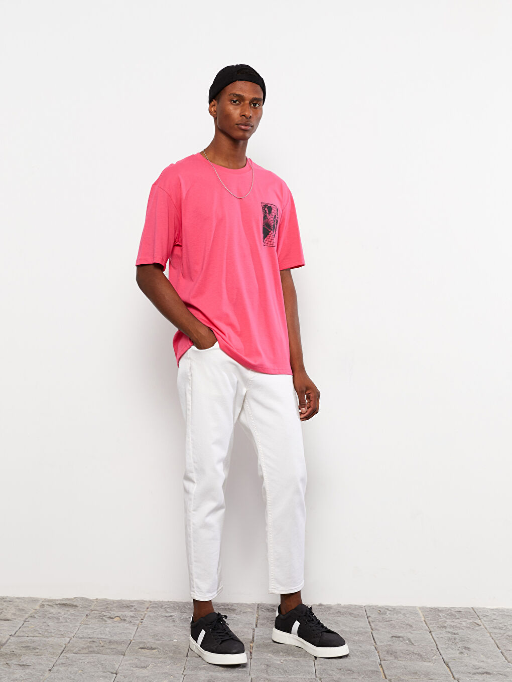 Fuşya Bisiklet Yaka Kısa Kollu Baskılı Penye Erkek Tişört-1