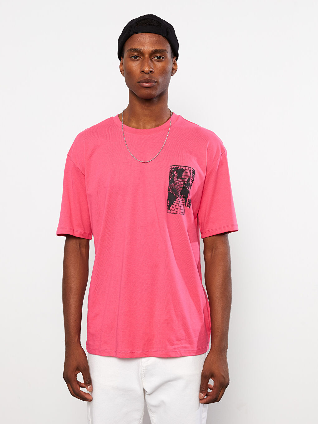 Fuşya Bisiklet Yaka Kısa Kollu Baskılı Penye Erkek Tişört-2