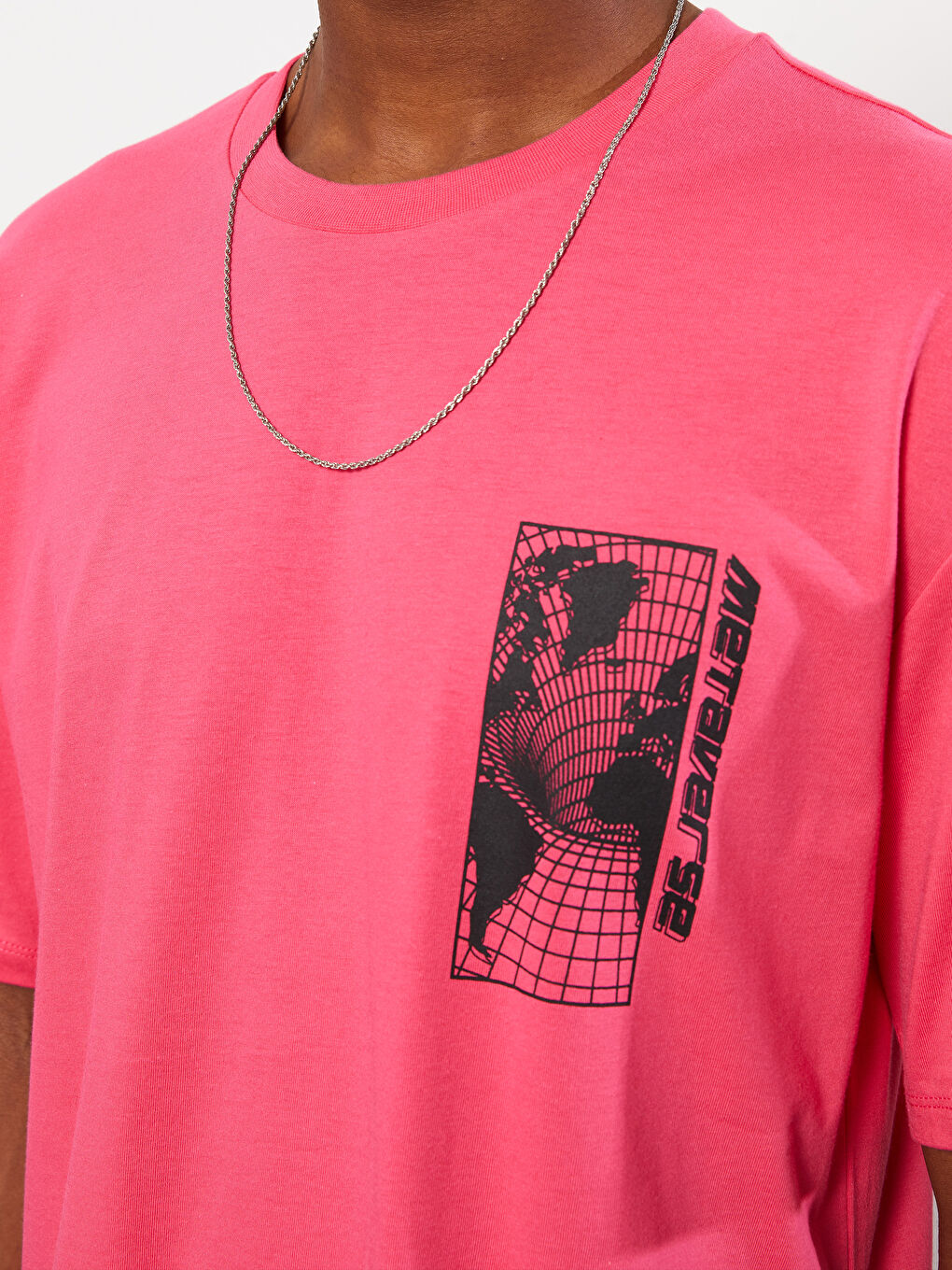 Fuşya Bisiklet Yaka Kısa Kollu Baskılı Penye Erkek Tişört-3