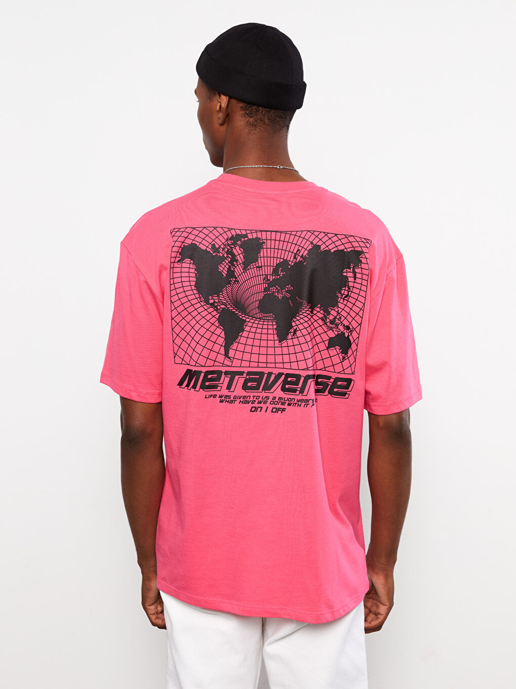 Fuşya Bisiklet Yaka Kısa Kollu Baskılı Penye Erkek Tişört-4